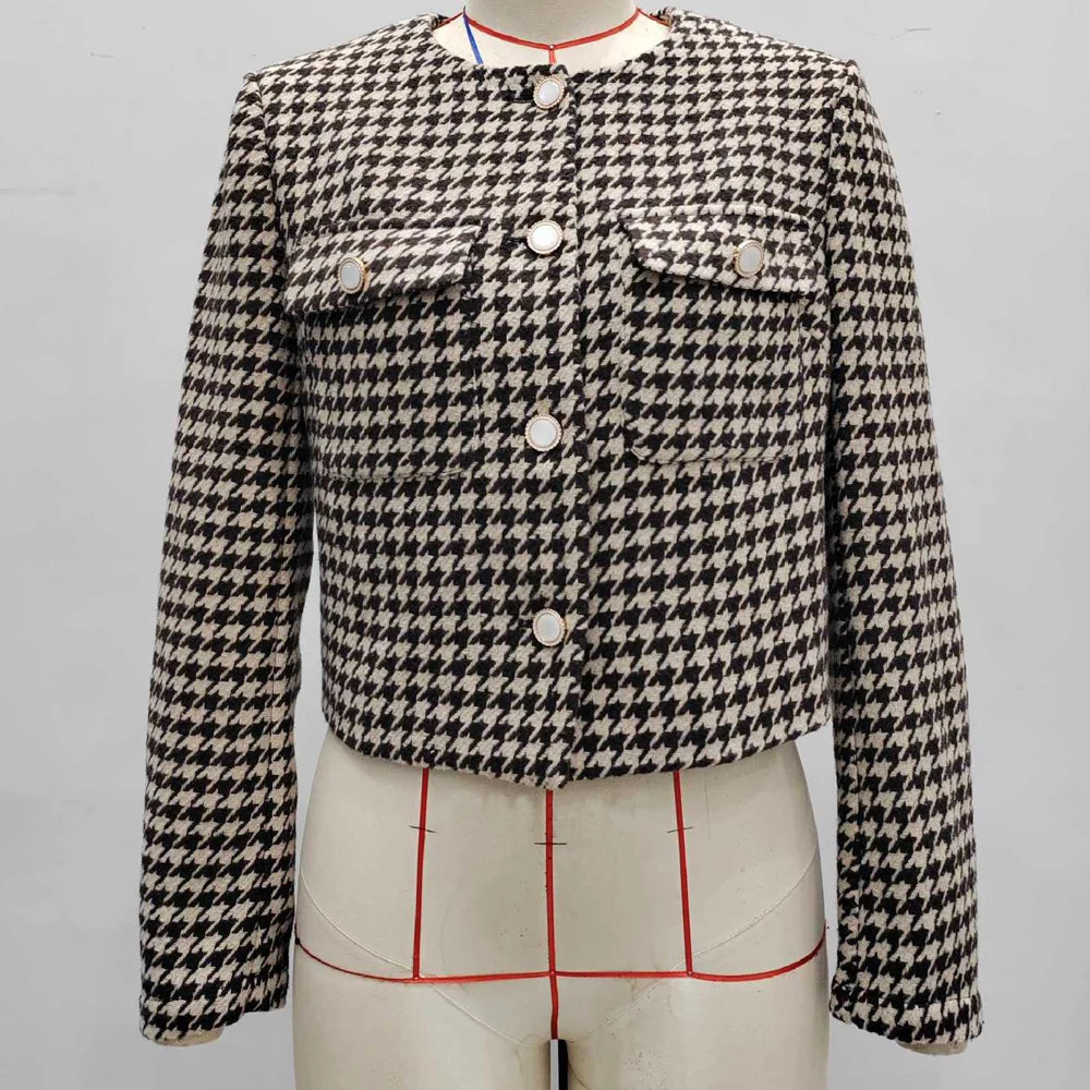 2025 Casual O Neck Tweed Cropped Jacket For Women Winter Plaid Long Sleeve Short Coat Ladies Autumn Button Pocket Outwear Female 251112