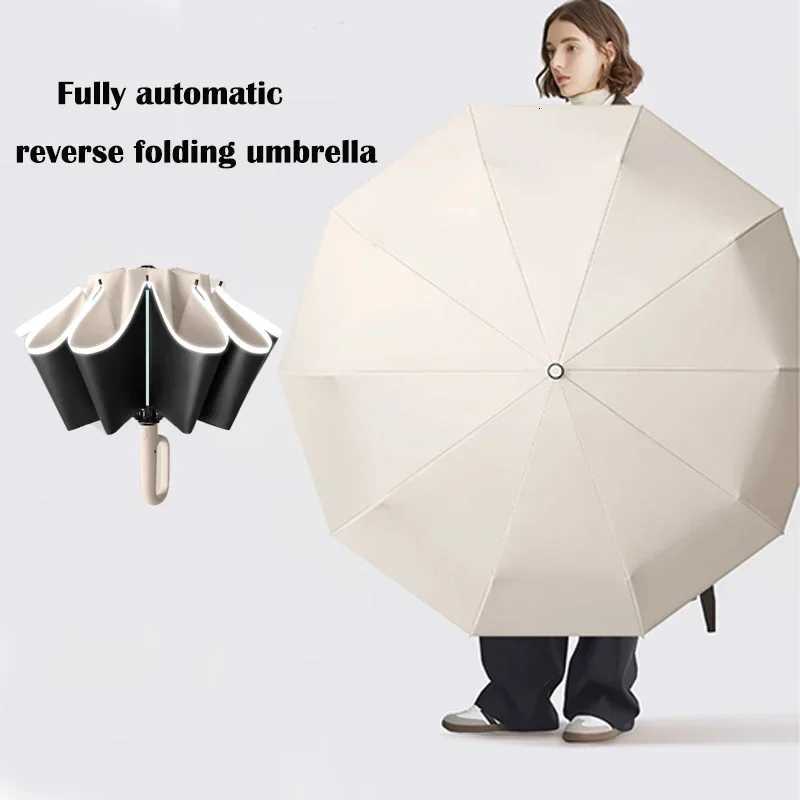 60K Buckle Men Women Umbrella Fully Automatic Reverse Folding Umbrella with Windproof Reflective Stripe UV UmbrellasM251122