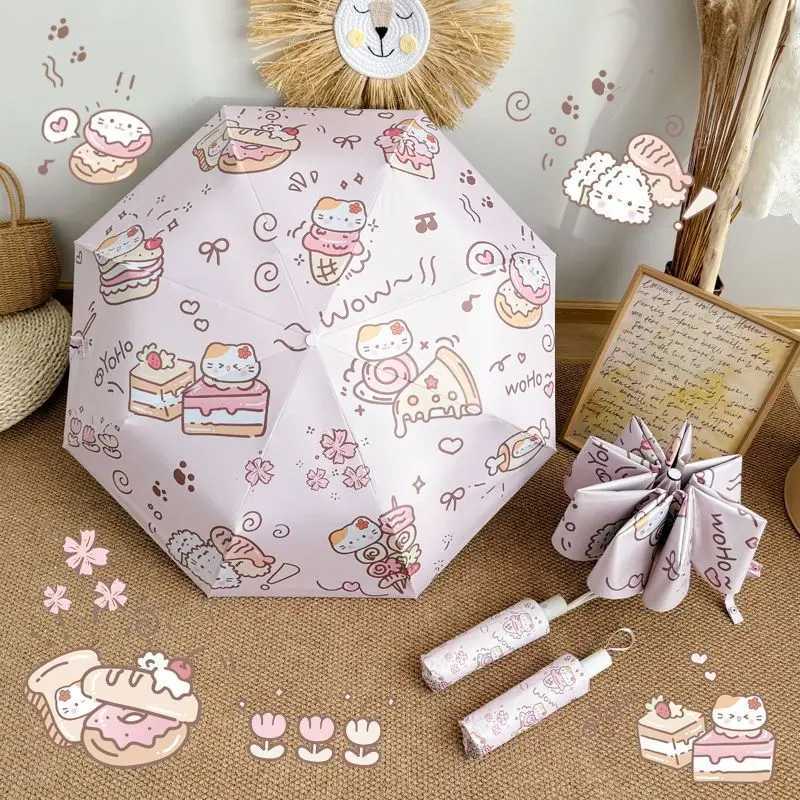 Cute Sun Proof Fully Auto Open Sun Rain Umbrella Fold Black Glue Student Anti UV Dual Use Sun Shade Umbrella Sun UmbrellaM251122