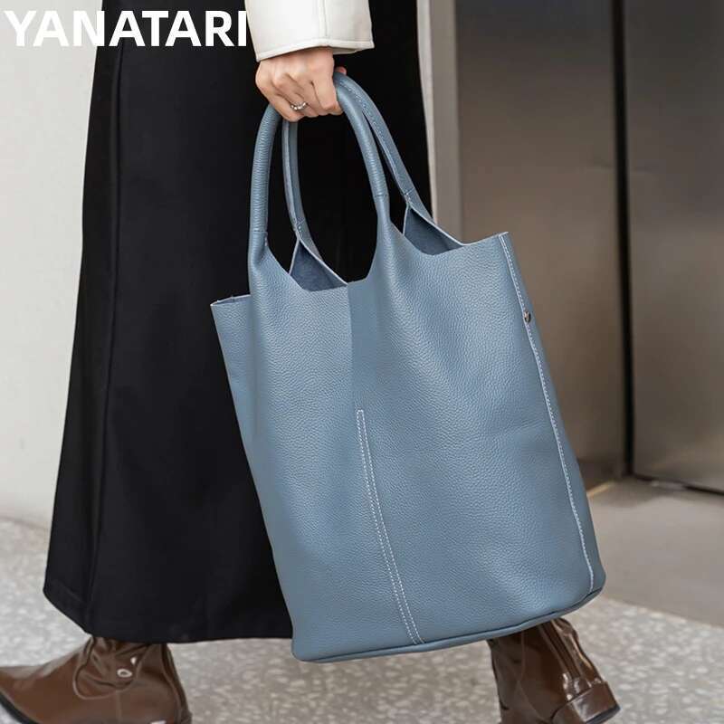 YANATARI Bucket Woman Tote Genuine Cow Leather Shoulder Ladies Handbags Big Shopper Bag Fashion Blue Bag