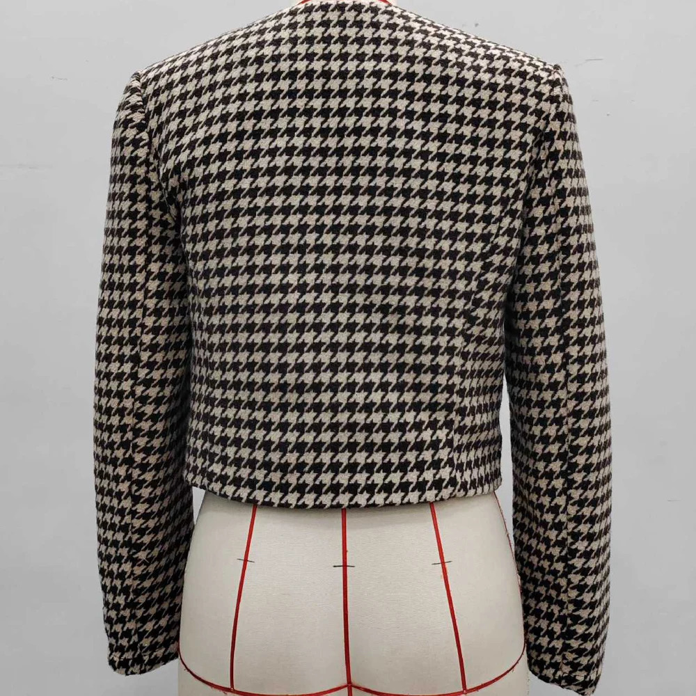 2025 Casual O Neck Tweed Cropped Jacket For Women Winter Plaid Long Sleeve Short Coat Ladies Autumn Button Pocket Outwear Female 251112