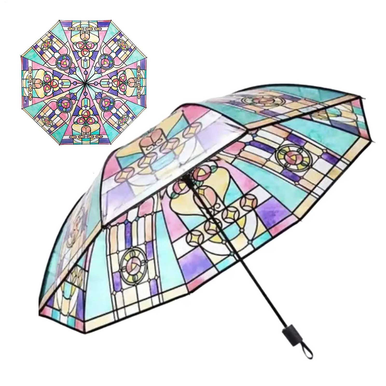 New Design Retro Palace Style Stained Glass Long Handle Automatic Auto Open Folding Transparent Handle UmbrellaM251122
