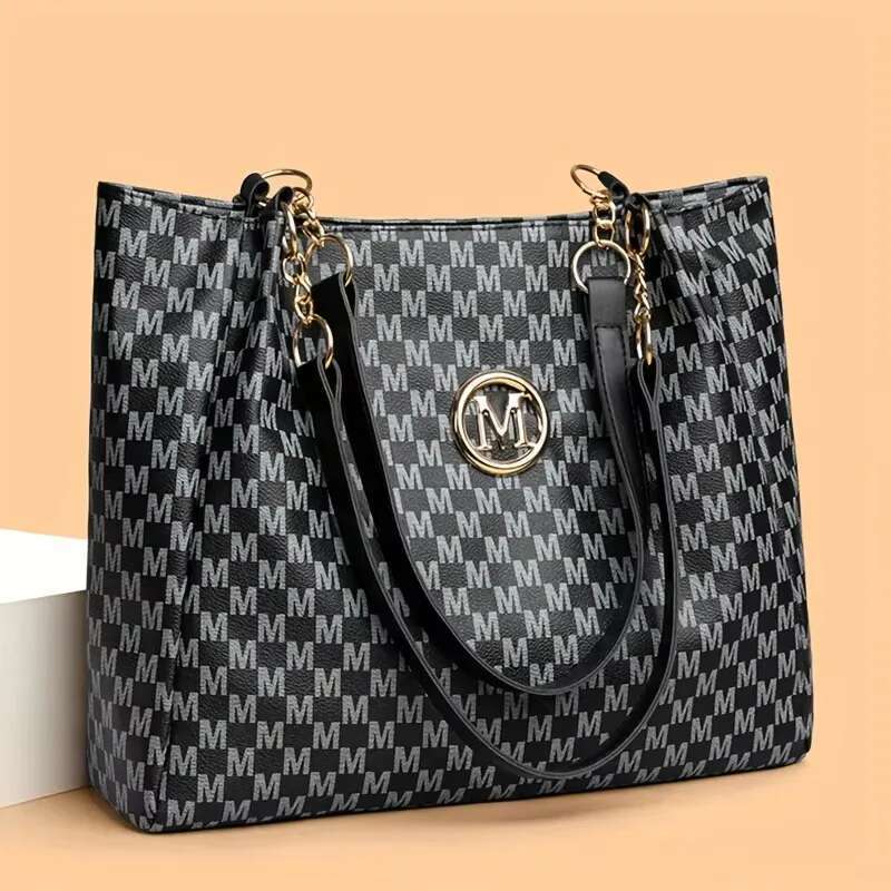 Vintage Geometric Tote Synthetic Leather Letter M Design For Women Handbag Shoulder Large Capacity Shopping Travel Bag Bag