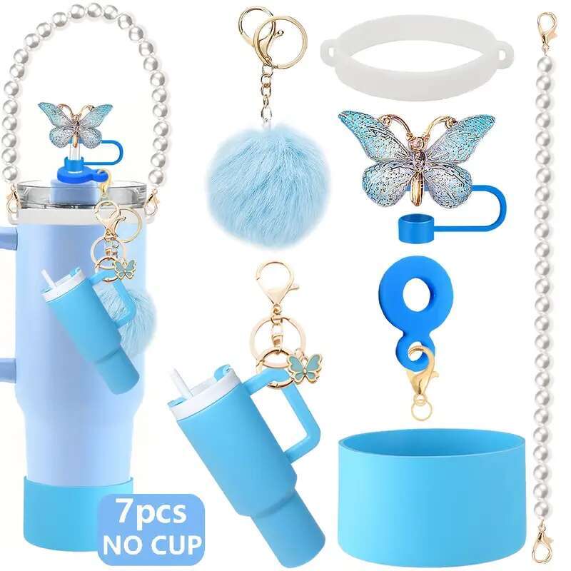 Accessories Stanley Cup 30oz 40oz,pearl Hairball Decorations for Stanley, Including Silicone Straw Cover Cap and Boot, Spill Proof Stopper, Handle Cha