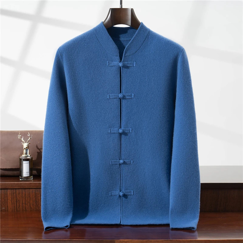 Chinese Style Button 100 Wool Cardigan Mens Solid Color Stand Collar Sweater Jacket National Fashion Knitted Shirt 251107