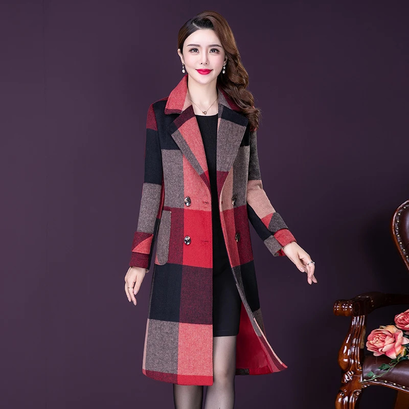 L5XL Women Wool Blends Coat Autumn Winter 2025 Fashion Thicken Warm Plaid Woolen Overcoat Slim Long Tops Outerwear Female 251112