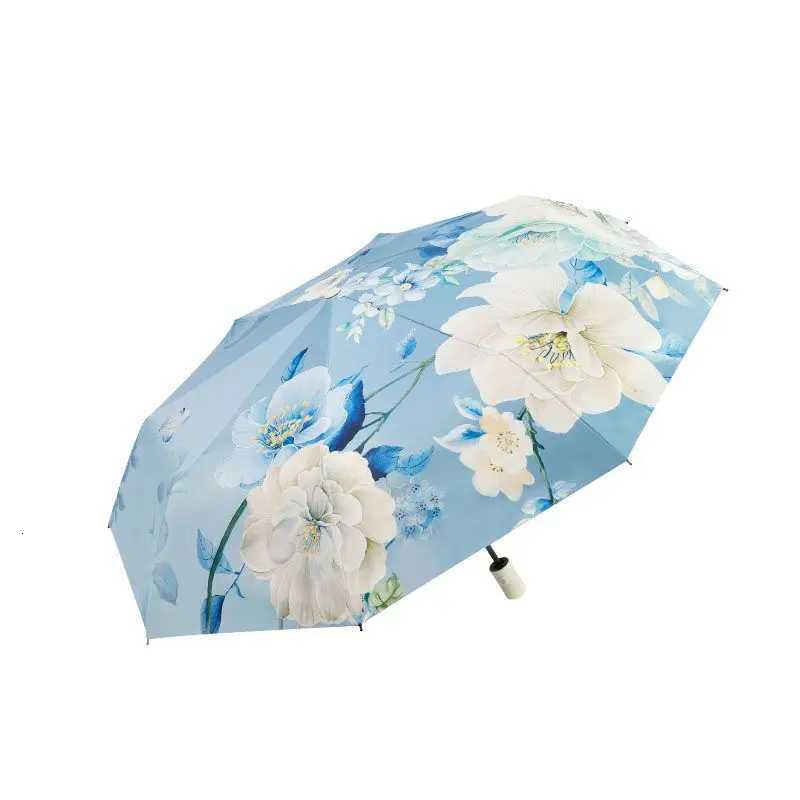 Triple Fold Umbrella Black Glue Chinese Style Peony Sun Protection Umbrella Anti UV Clear Umbrella Sun Umbrella Folding UmbrellaM251122