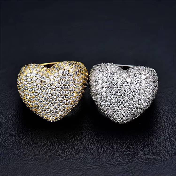 Luxury Bling Women Ring Jewelry 18k Gold Plated Iced Out Fully Cz Diamond Bubble Heart Finger Ring