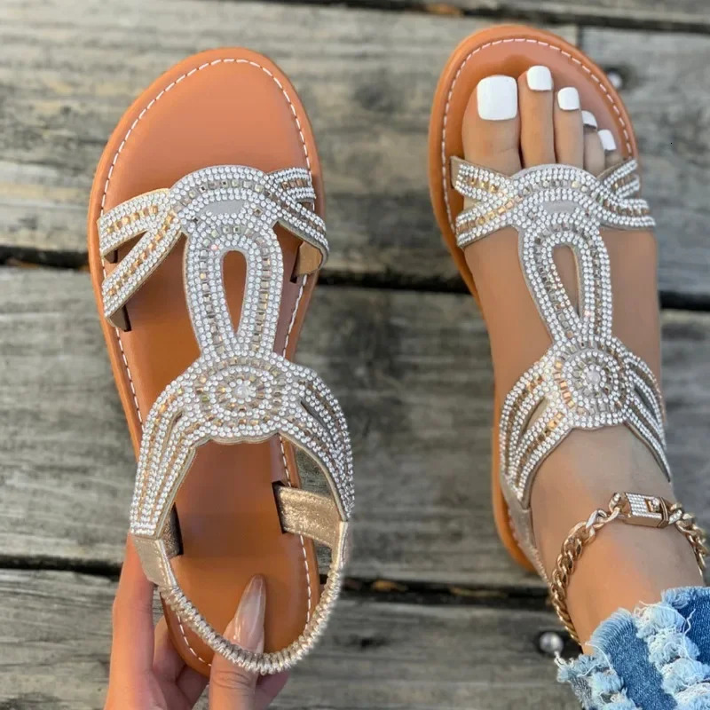Womens Shoes High Quality Elastic Band Casual Fashion Crystal Sandals Summer Plus Size Flat 250421BJ - view 6