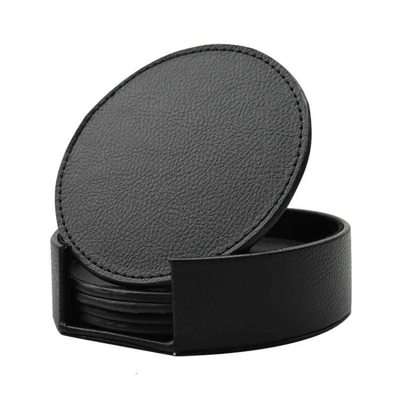 PU Leather Round Coasters Square Wood Coasters Drink Coffee Cup Coasters Mats Tea Pad with Holder Placemats Coaster Set C251122