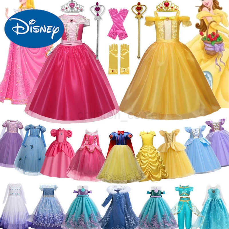 Disney 2025 Girl Princess Dress Childrens Elsa Cinderella Snow White Aurora Sofia Hairy Princess Cinderella Halloween Costume Childrens Party Dress W2