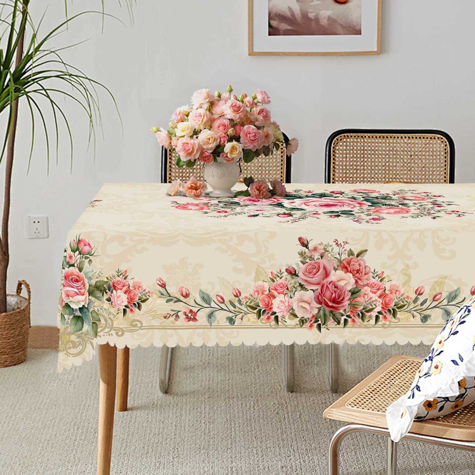 1 Piece of Retro Pink Rose Pattern Flower Tablecloth Spring and Summer Flower Decoration Party Supplies Machine Washable Tablecloth for Wedding C25112