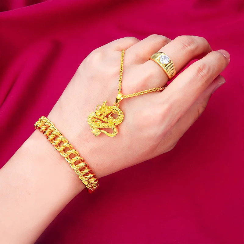 AU999 24K Gold Mens Dragon Set Polished Pendant Matte Wide Bracelet MicroDiamond Ring Head 251114