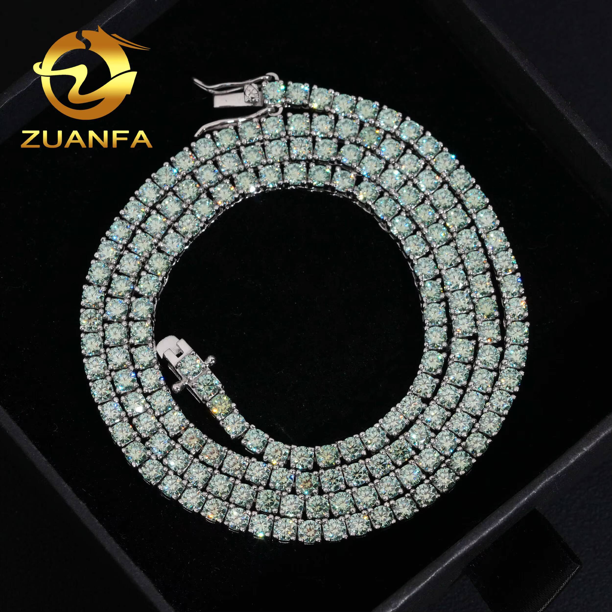 Original Color Not Coated Blue Green Color Moissanite Tennis Chain Necklace 3mm 4mm 925 Sterling Silver Iced Out Hip Hop Jewelry