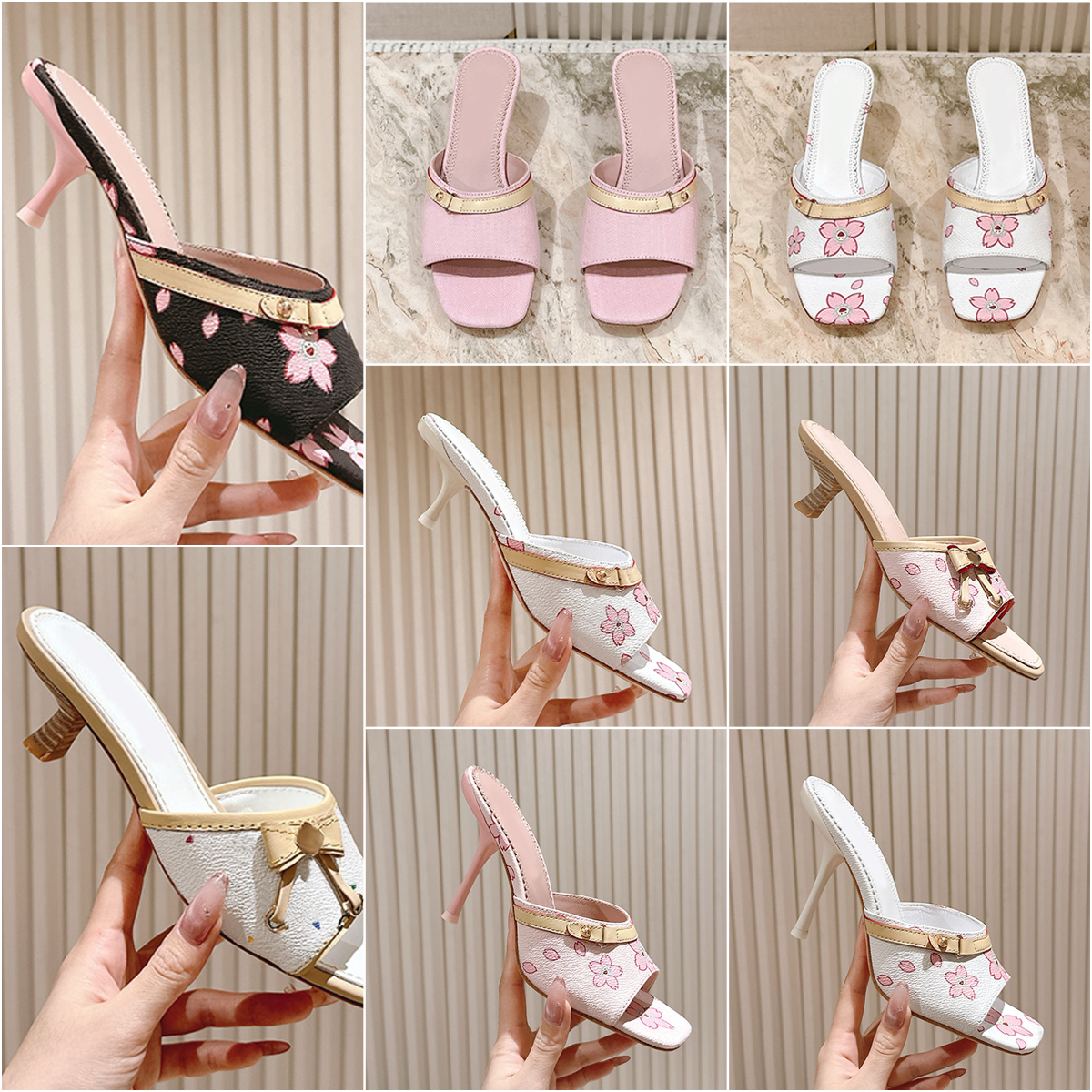 10a mirror quality slippers sandals mules pink heels designer women pink denim heels sandal slides kitten heels vintage sandale cherry blossom luxury slippers