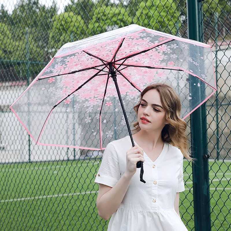 Creative Hand Movement Transparent Male Female Umbrella Cherry Blossom Style Personalized Couple Student Clear Beach UmbrellaM251122