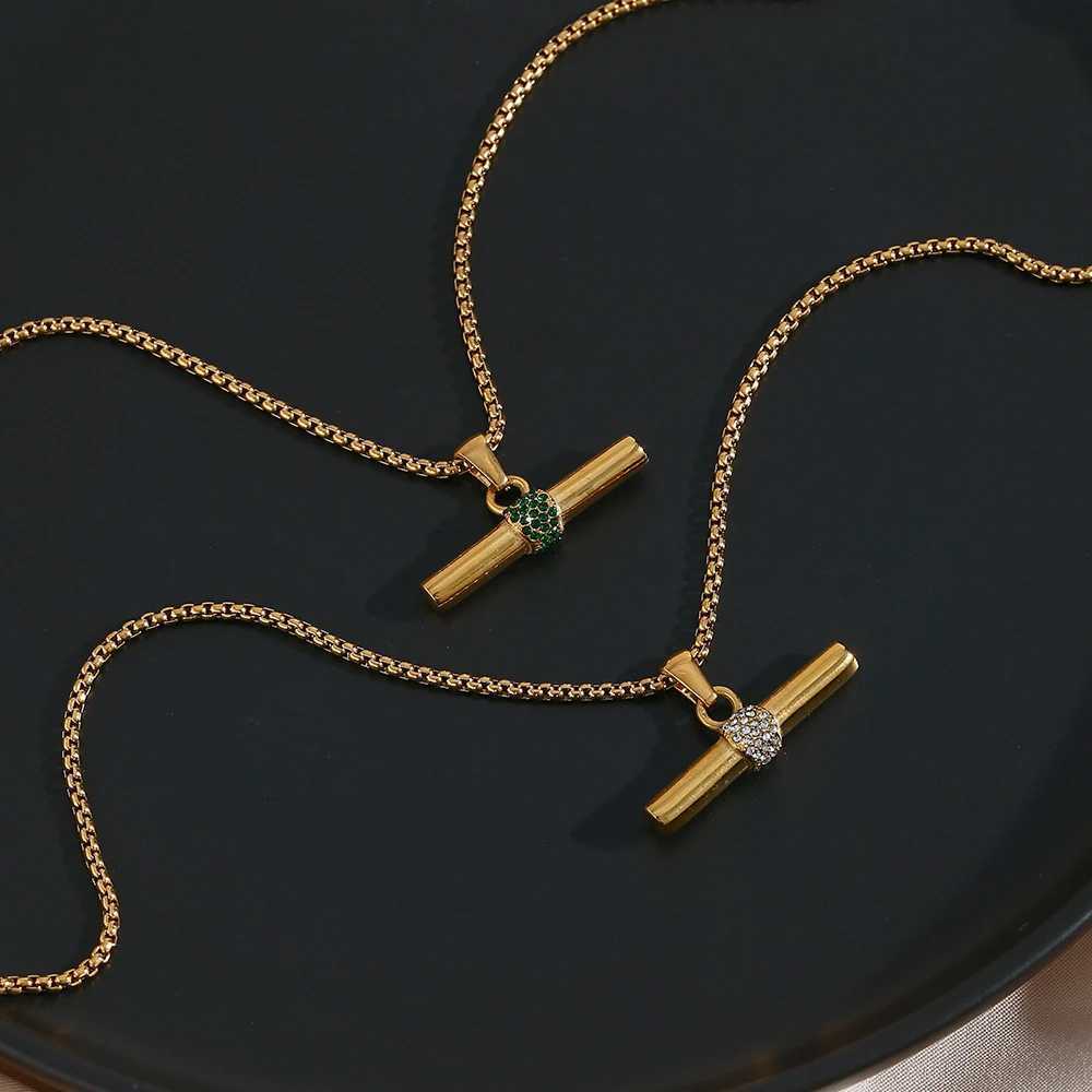 MamacitaSlay Green Clear Zircon T-Bar Pendant Necklaces 18K Gold Plated Waterproof Hypoallergenic Box Chain Necklaces for WomenT251122