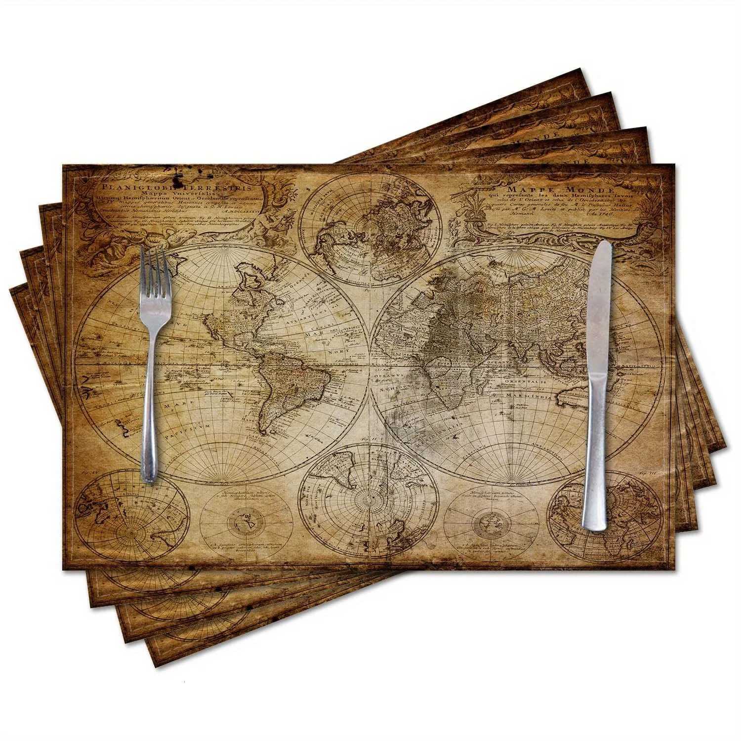 4pcs Retro Nautical Map of The World Placemats 12 x 18 Inch Washable Table Mat Kitchen home Party Decoration C251122