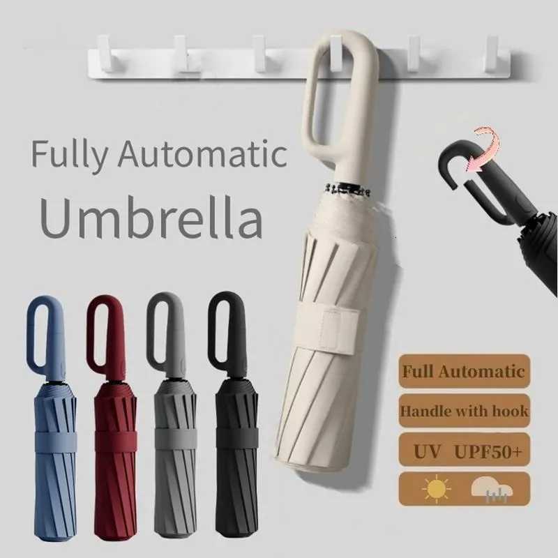 Reinforce Ring Clasp Fully Automatic Umbrella for Men and Women Folding Windproof Strong Waterproof Sturdy SunscreenM251122