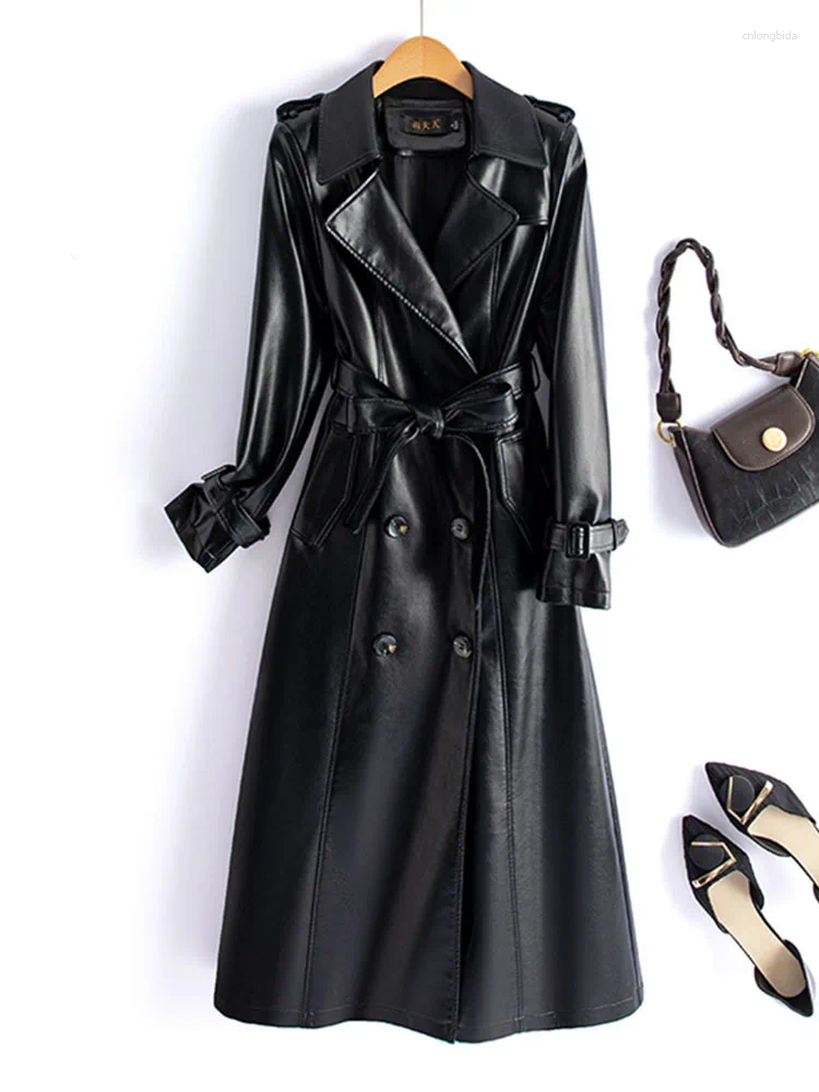 Womens Trench Coats Chic Double-breasted Lace-up Belt Genuine Leather Coat For Women Mid-Length Real Sheepskin Outwear Fall Winter