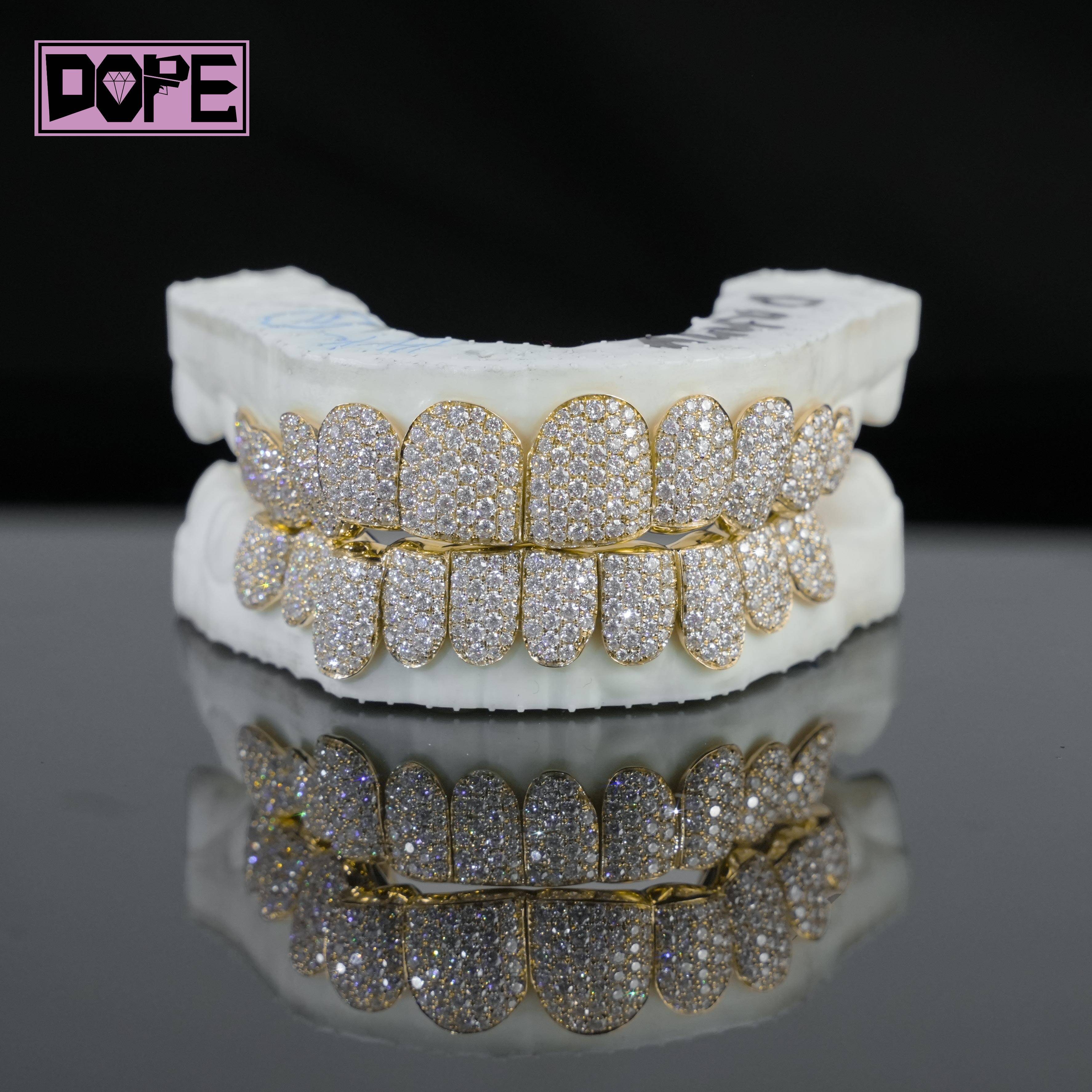 Iced Out Hiphop Jewelry Grillz Honeycomb Set Perm Cut 925 Silver 18K Gold Plated Moissanite Grillz