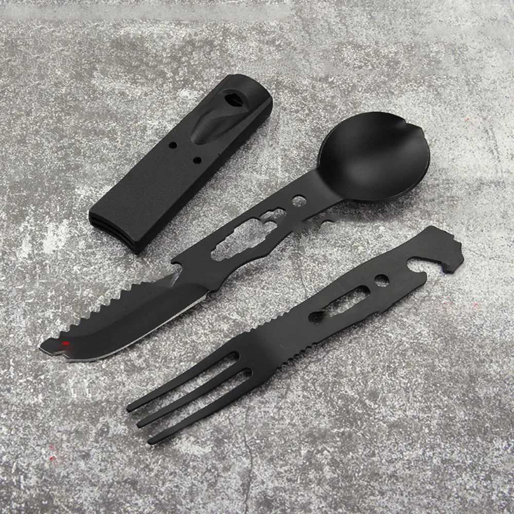 Multifunctional Camping Knife Outdoor Set Stainless Steel Utensils with Whistle Spoon Fork Windproof Combination Gear J251121