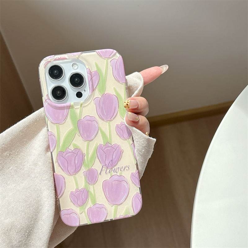 Fine Glitter Full Screen Purple Tulip Phone Case for iPhone 17 Pro Max High-end Feel iPhone 16/15 Pro