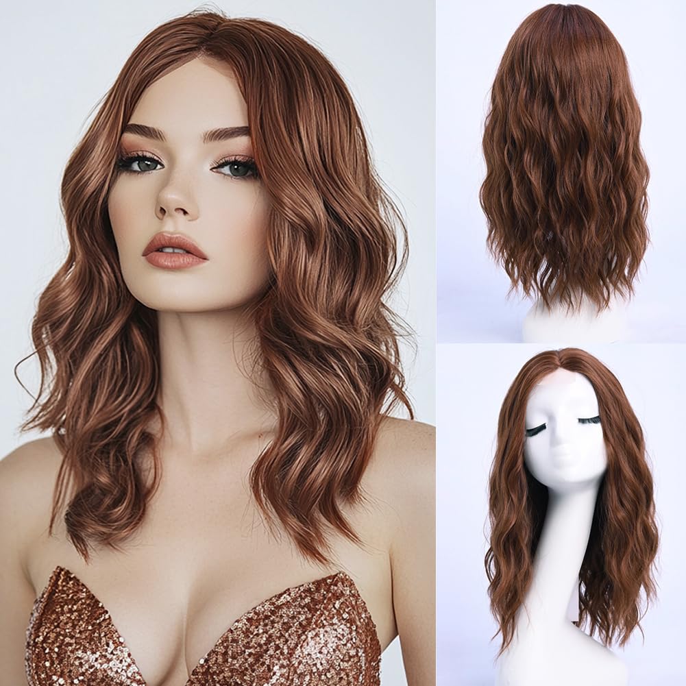 Medium Length Dark Auburn Wavy Wigs for Women 45 cm Middle Part Wavy Wig Natural Looking Synthetic Heat Resistant Fiber Hair for Daily Party Use (18 i