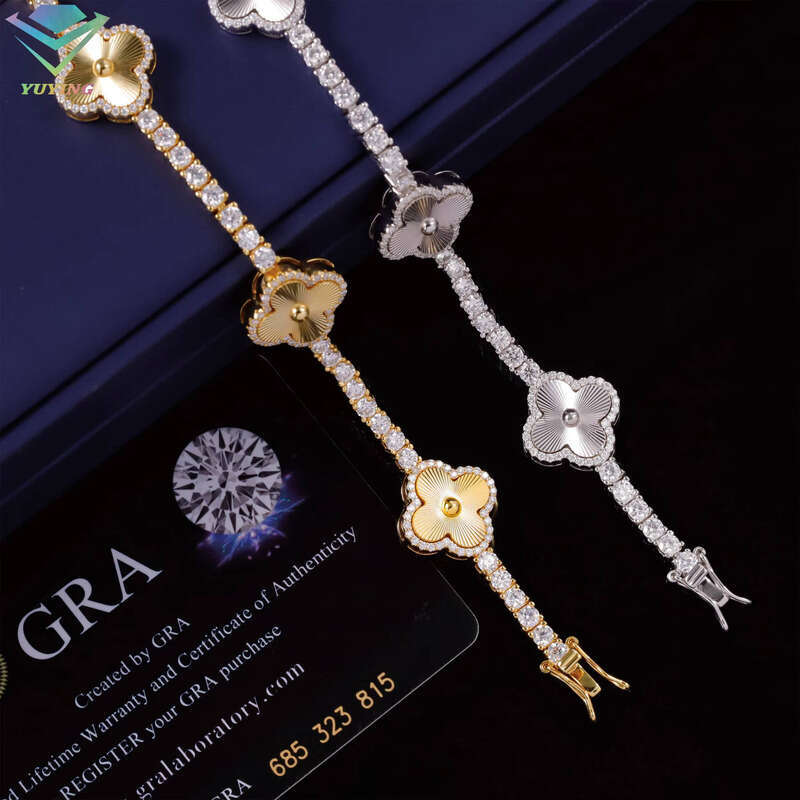 Fashion Four-Leaf Lucky S Sier 3mm Moissanite Laser Engraved Clover Tennis Chain Jewelry Bracelet