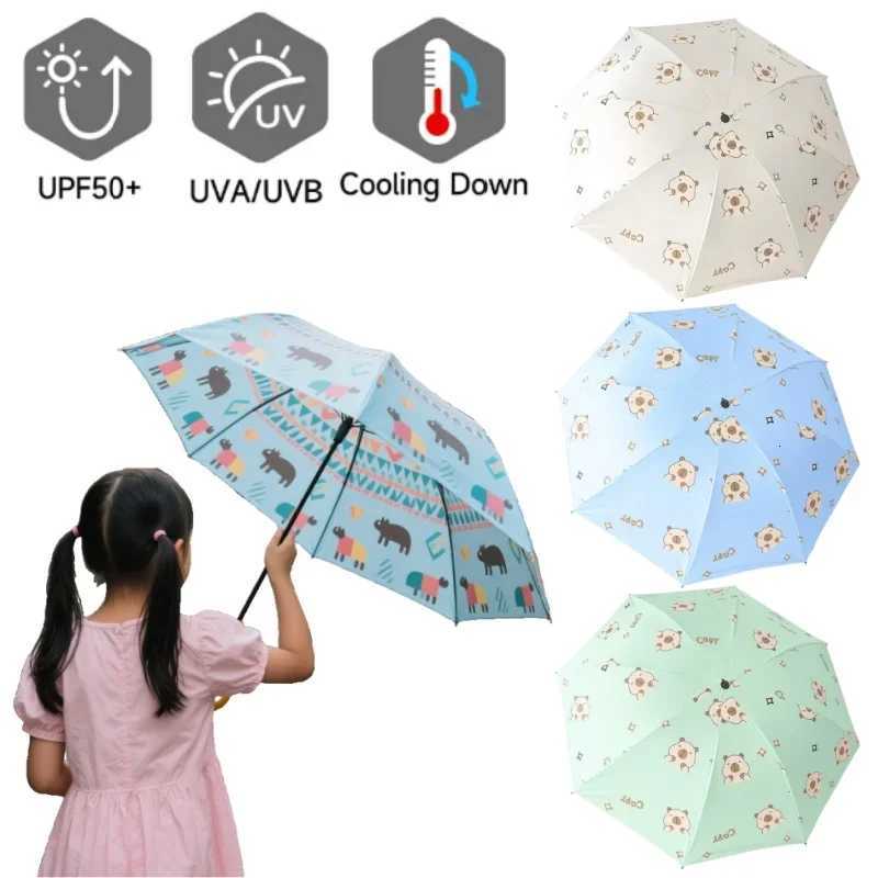 Cute Capybara Patterned Umbrella Compact Travel-Friendly Sun Rain Shield UPF50 Plastic Folding Parasol with Anti-UV CoatingM251122