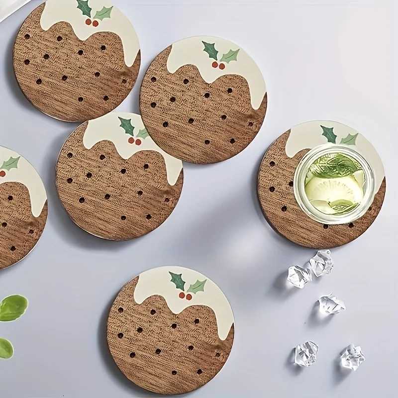 6-piece Christmas Pudding Wooden Coasters Custom Wooden Coasters for Home Office Cafe Tea Room Decor C251122