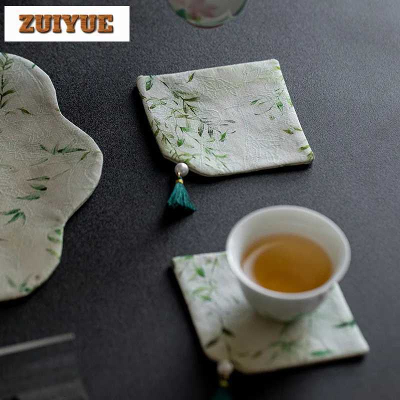 Brocade Embroider Little Green Bamboo Tea Table Mats Luxury Drink Coaster Dinner Table Cloth Mat For Tea Equipment Ornaments C251122