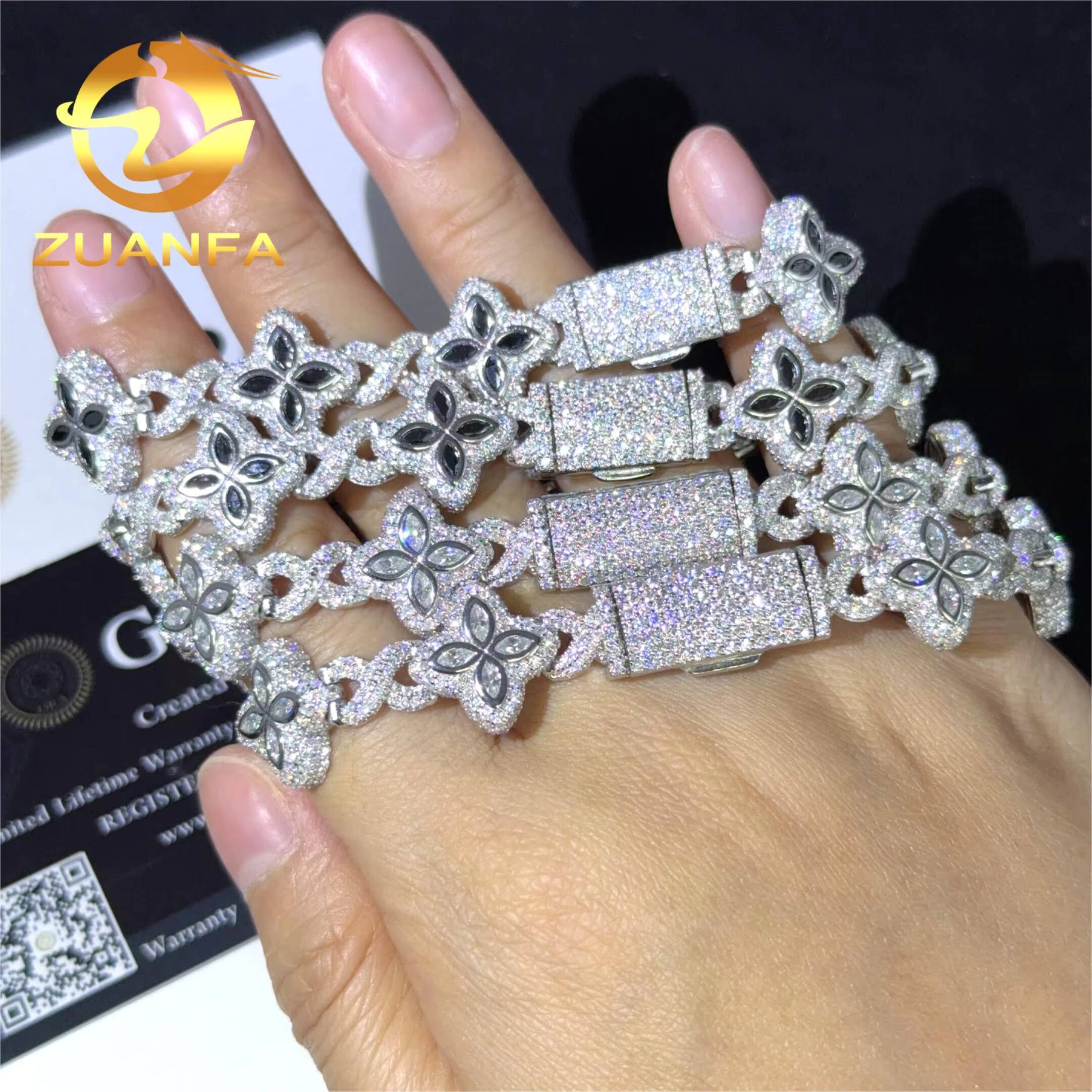 Moissanite Hip Hop Jewelry 15mm Flower Design Iced Out Moissanite Cuban Link Bracelet 925 Silver Moissanite Diamond Bracelet