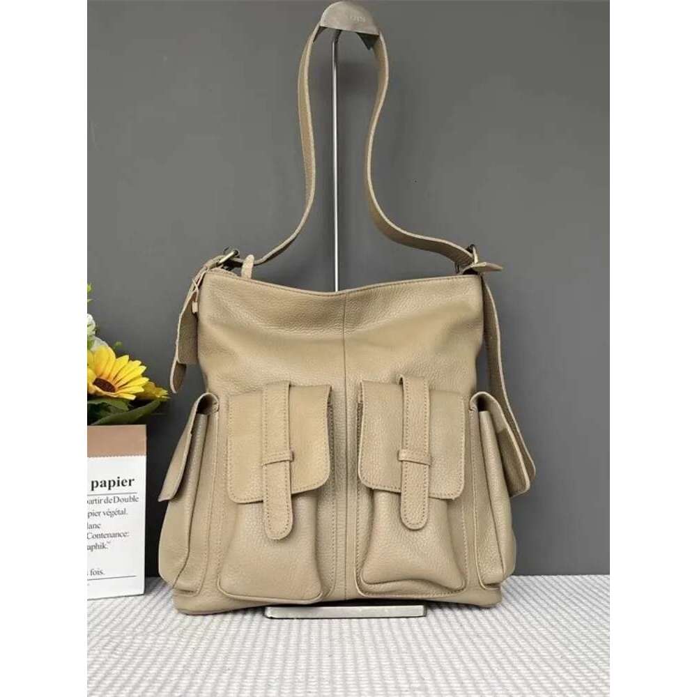 Punk Style Women Genuine Leather Multiple Pockets Motorcycle Solid Color Casual Single Shoulder Bag Female Crossbody Bags Bag