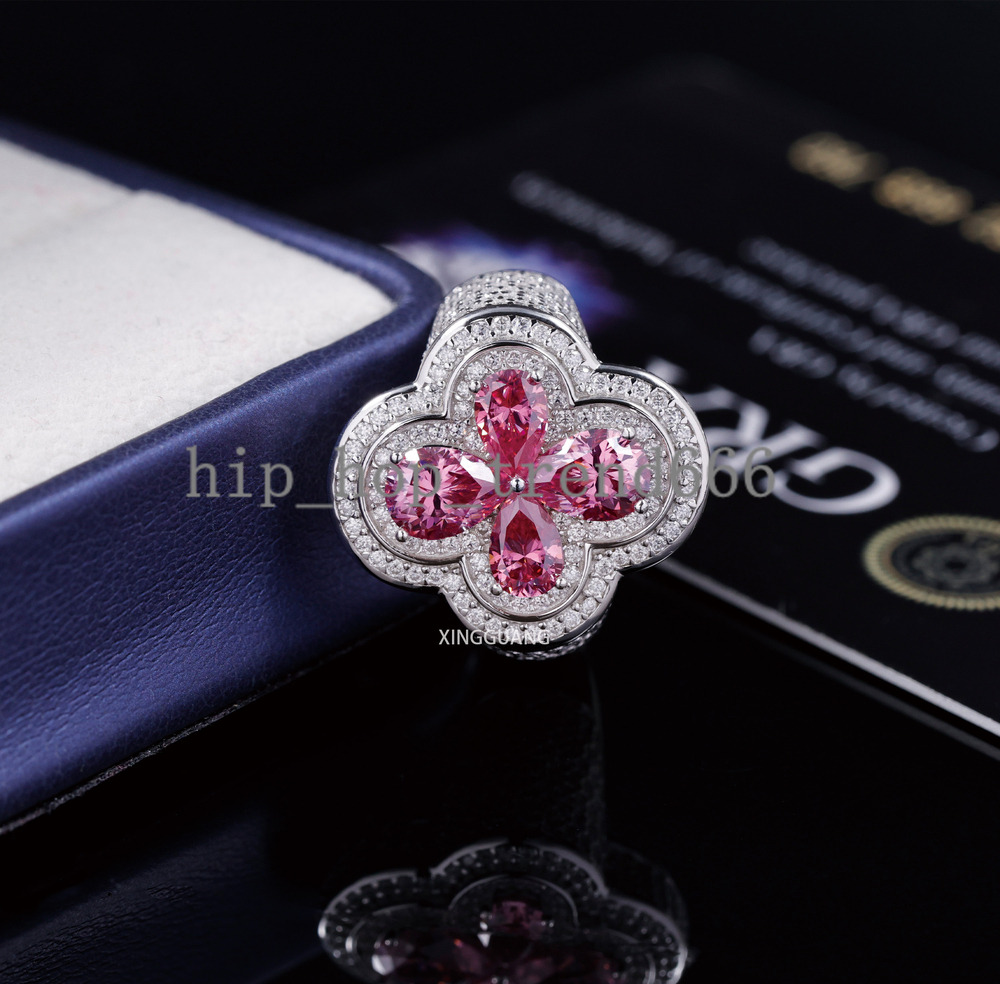 Factory Wholesale New Arrival S925 Silver Ring Shiny Pink Moissanite Blue Moissanite Ring Hip Hop Jewelry Clover Ring