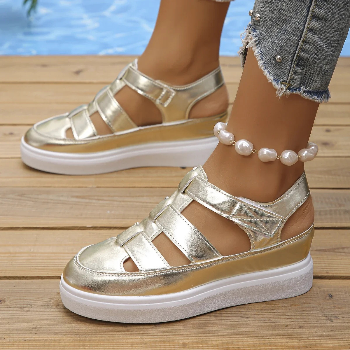 Womens Sandals Summer Wedge High Heels Platform Hollow Gladiator Thick Bottom 250421BJ - view 3