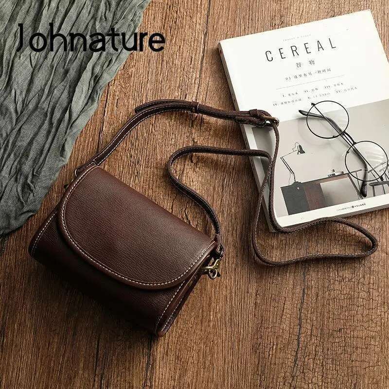 Johnature Genuine Leather Retro Small Bag Women New Soft Real Cowhide Simple Solid Color Shoulder Crossbody Bags Bag