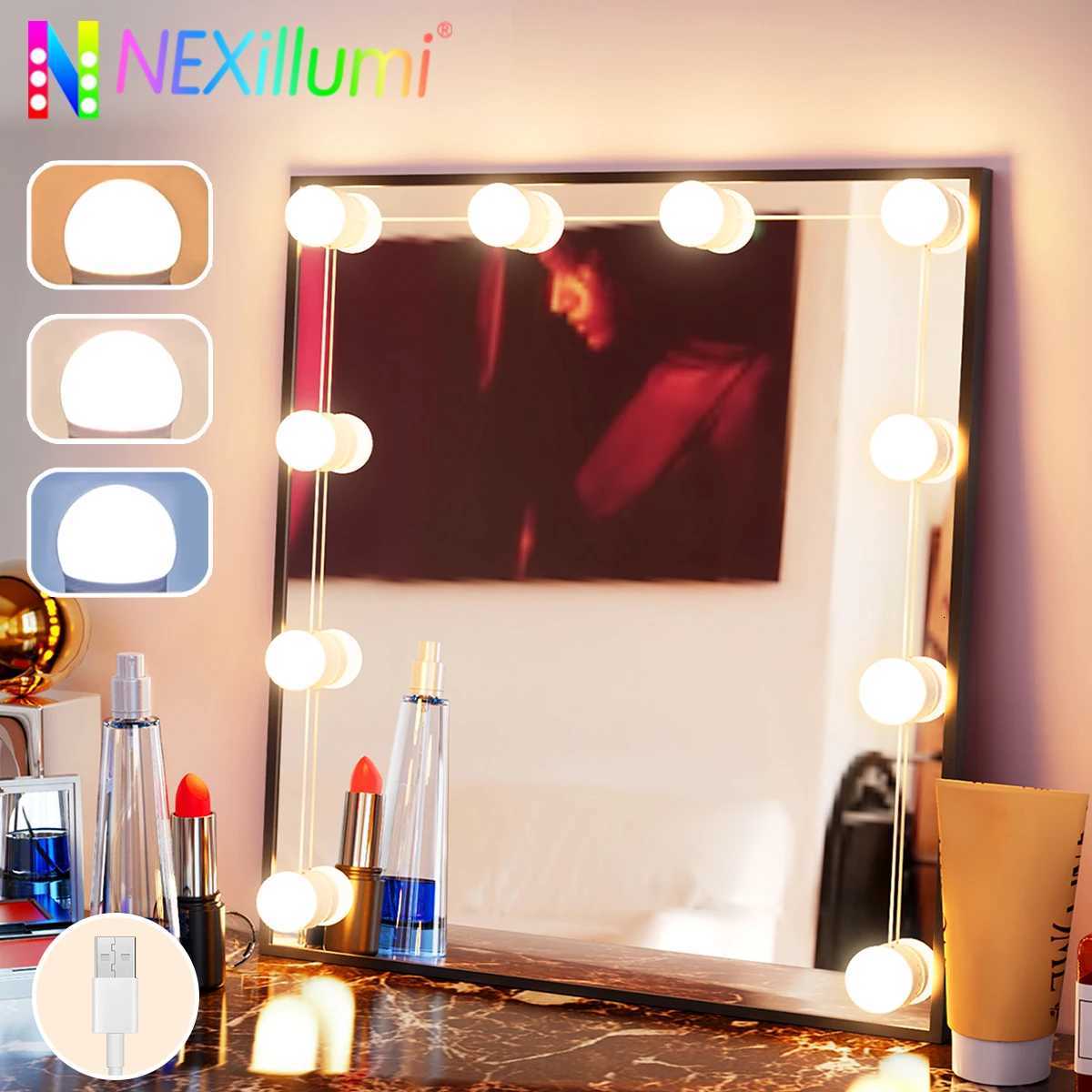 LED Vanity USB Makeup Light for Mirror with 10 Dimmable Bulbs Three Color Changes Adjustable Angle for Bathroom Table Bedroom M251122