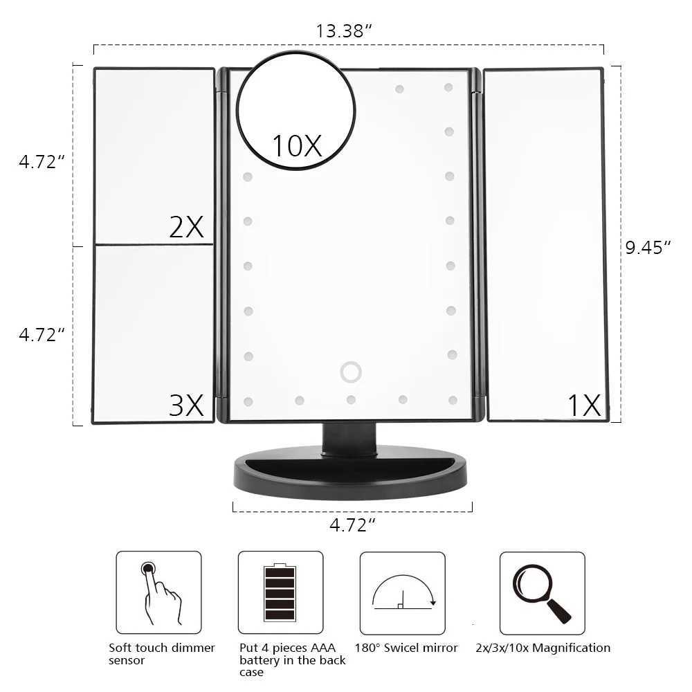 LED Light Makeup Mirror Foldable Touch Dimming Beauty Makeup Mirror 10 Times Magnification Round Mirror USB Square Desktop M251122