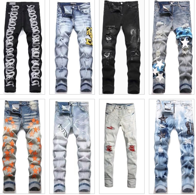 Designer Jeans High Street Slim Fit Trendy Brand Patch Straight Leg Trousers Casual Denim Ripped Pants For Men