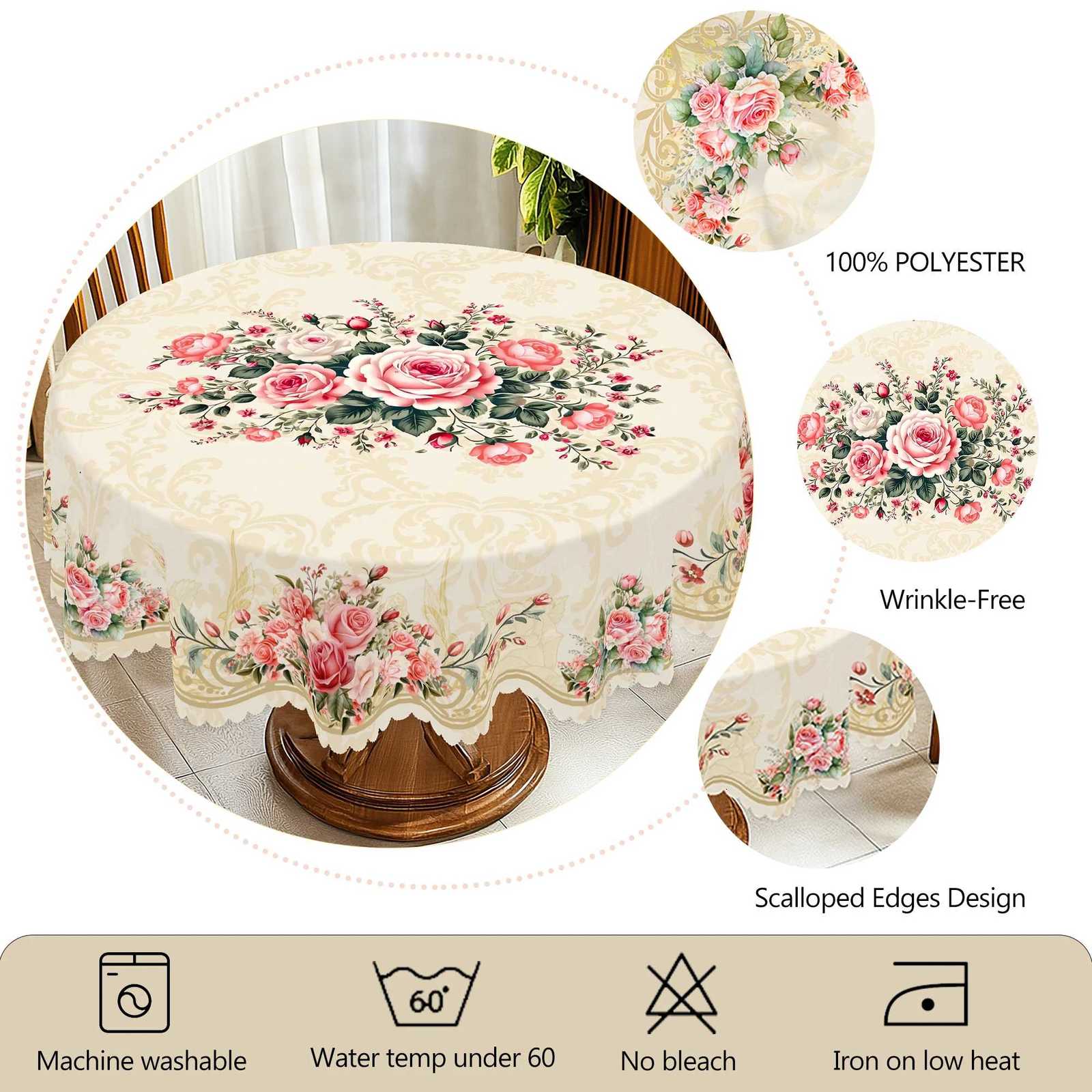 1 Piece of Retro Pink Rose Pattern Flower Tablecloth Spring and Summer Flower Decoration Party Supplies Machine Washable Tablecloth for Wedding C25112