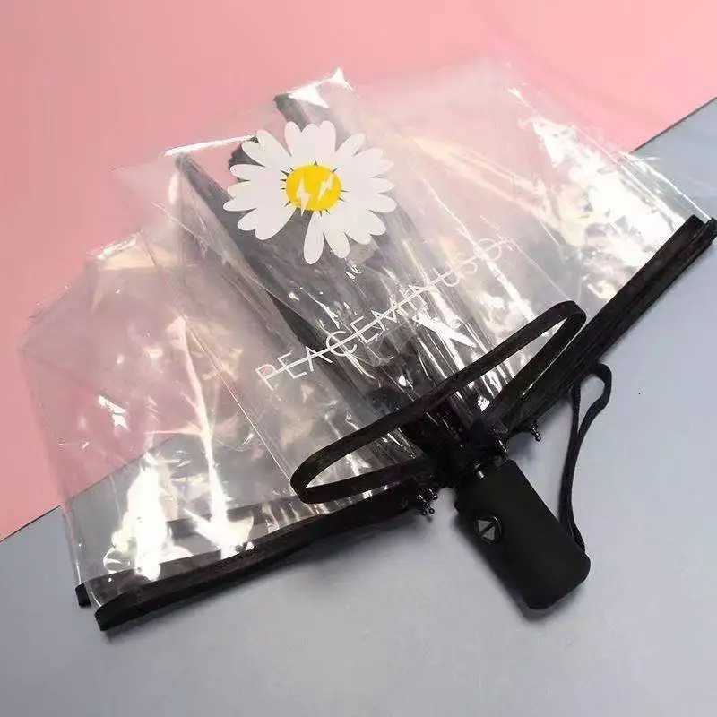 Fashion Transparent Fold Women Rain Umbrella Clear Fully Automatic Umbrellas Luxly Men Bussiness Daisy Flower Printed UmbrellaM251122