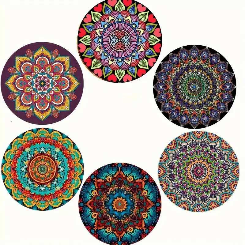 6 sets of mandala pattern art-painted wooden anti-slip coasters suitable for decoration of living room kitchenware C251122