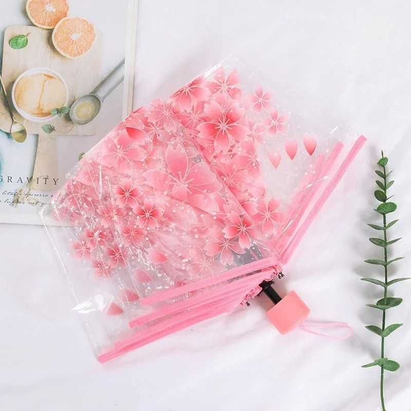Female Folding Flower Gradient PVC Triple Fold Transparent Umbrella Fairy Tale Style Cartoon Cute Large Manual Folding UmbrellaM251122