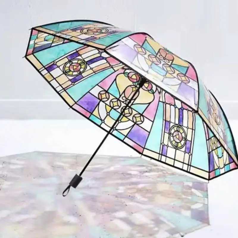 Stained Glass Umbrella British Style Rainforest Arch Umbrellas Vintage Hand-Painted Transparent Parasol Auto Folding UmbrellaM251122