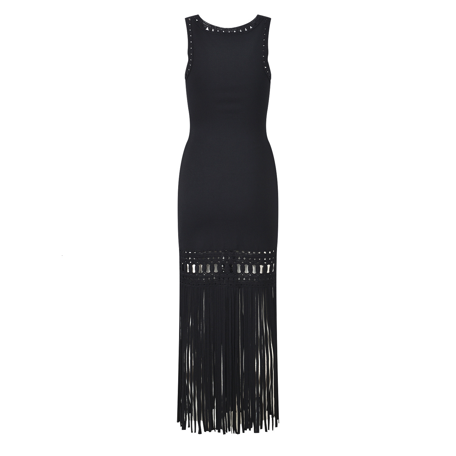 Black Fringe Knitted Dress New Arrival Sexy Bodycon Midi Dress with Hollow Out Design