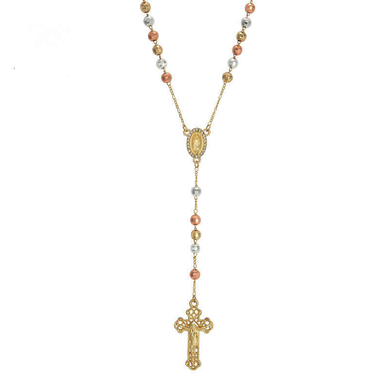 Elfic Gold-Plated Three-Color hip-hop moissanite Virgin Mary Rosary Necklace