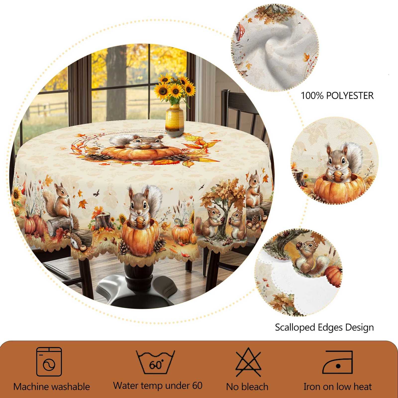 1 Piece of Autum Thanksgiving Themed Printed Tablecloth Retro Country Farmhouse Style Squirrel Pumpkin Maple Leaf Pattern Design Suitable for Holiday 