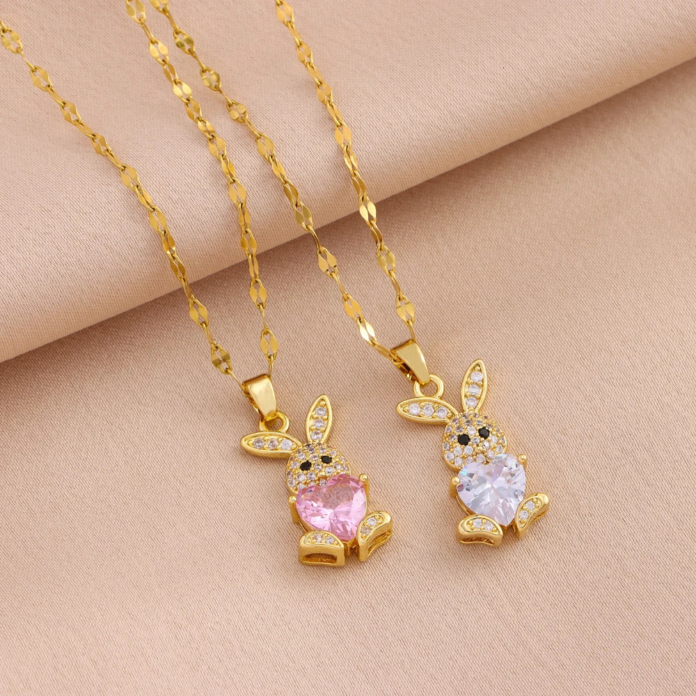316L Stainless Steel Cute Zircon Rabbit Necklaces Earrings For Women Trendy Female Jewelry Set Girls Fashion Clavicle Chain 251114