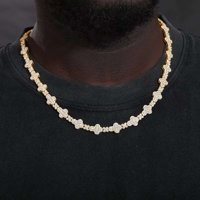 Moissanite Four Leaf Clover Necklace - Full Iced Out Bling, 10mm, Solid Sier , Cross Chain